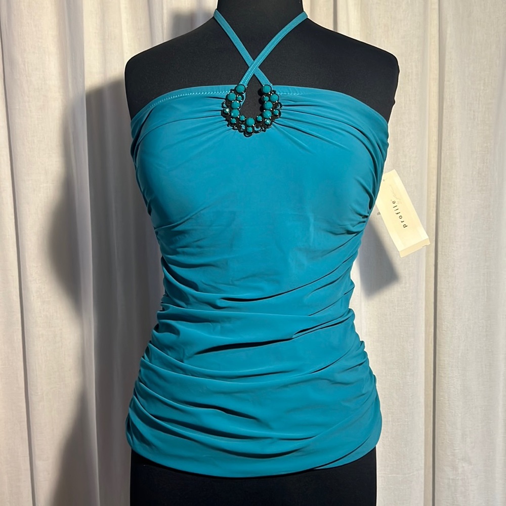 Gottex teal embellished neck ruched halter tankini top embellished keyhole-NWT
